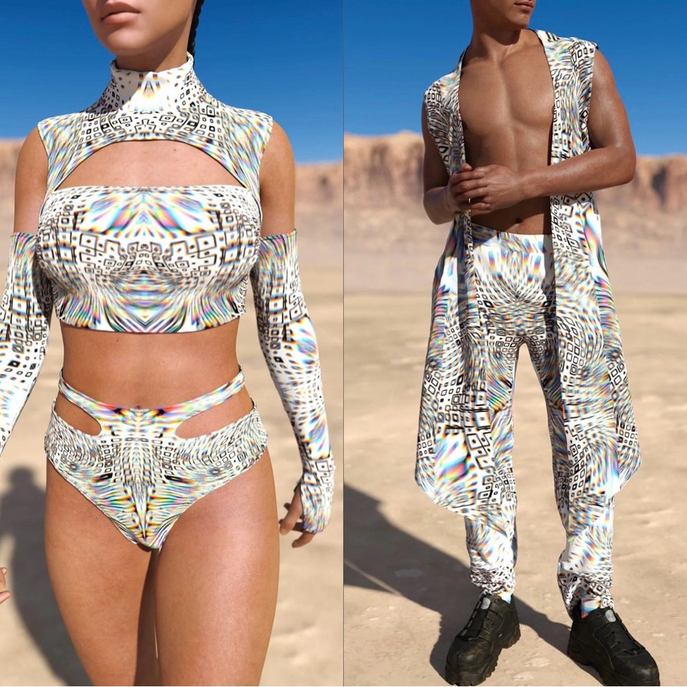 Multicolor Geometric Couple’s Rave Outfit